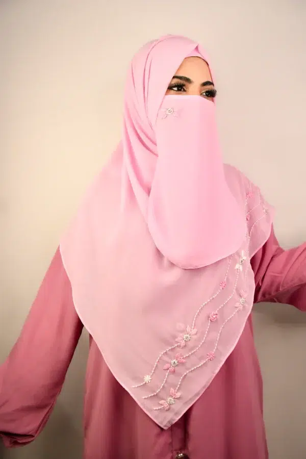 PINK FANCY HANDWORK HIJAB WITH MASK