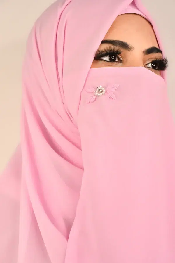 PINK FANCY HANDWORK HIJAB WITH MASK - Image 2
