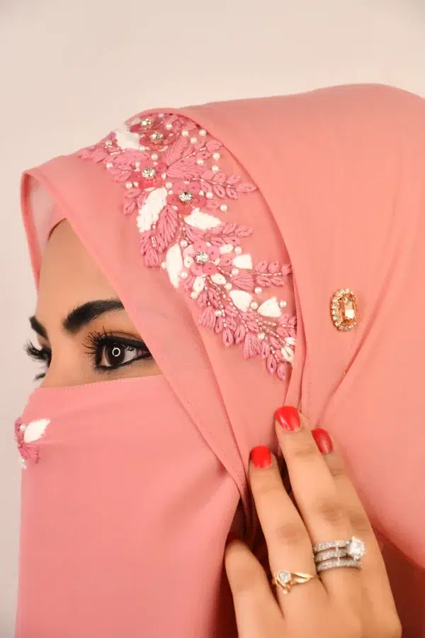 PINK  WEDDING HIJAB WITH NAQAB - Image 2