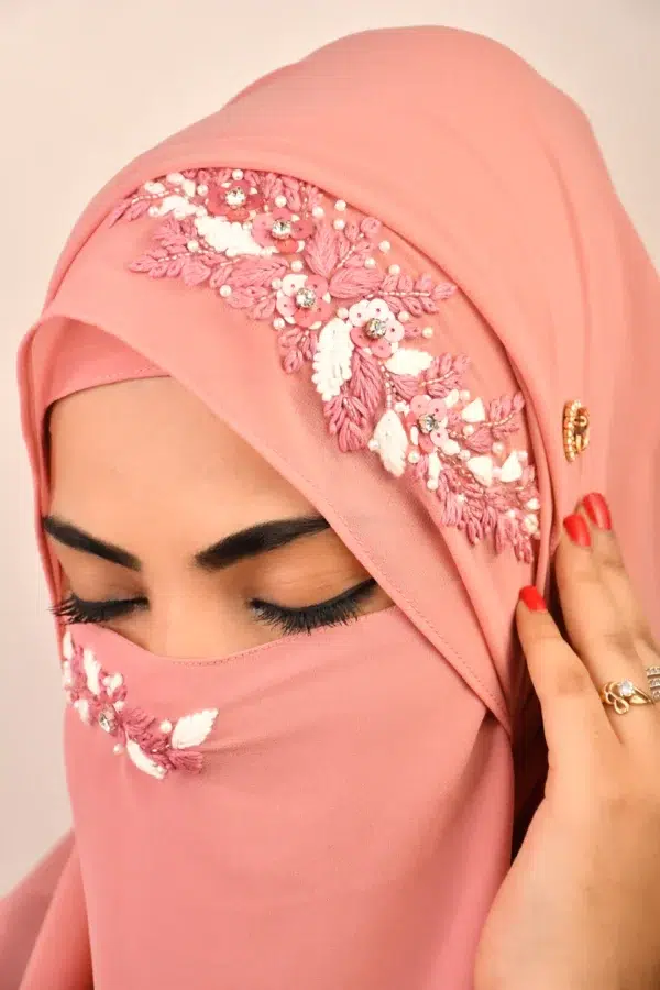 PINK  WEDDING HIJAB WITH NAQAB - Image 3