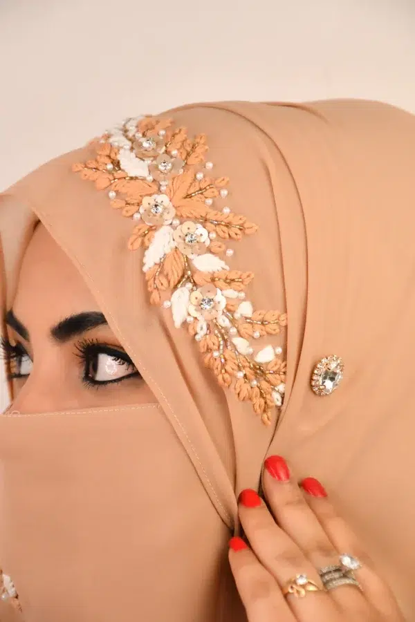 BEIGE WEDDING HIJAB WITH NAQAB - Image 2