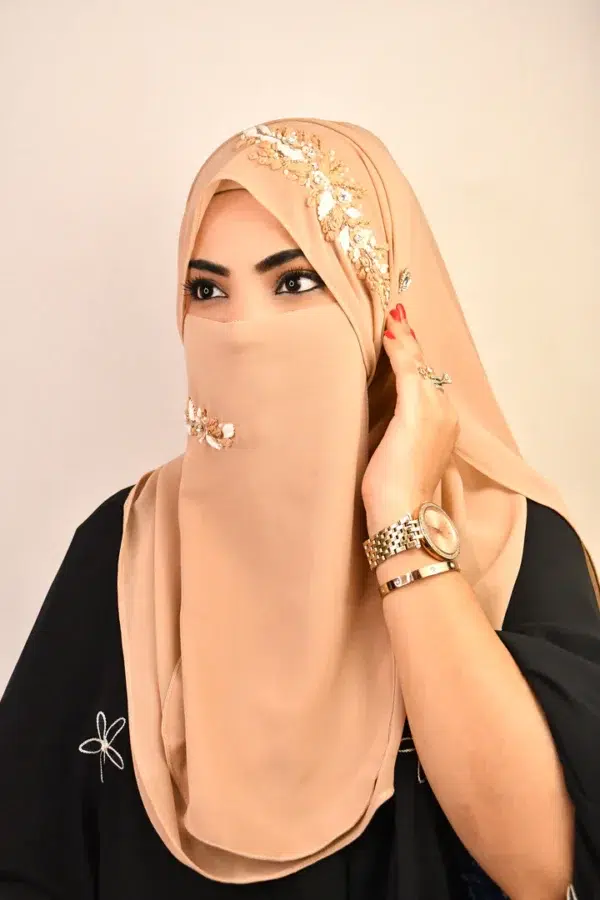 BEIGE WEDDING HIJAB WITH NAQAB