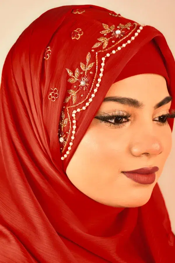 RED AND GOLD HANDWORK HIJAB