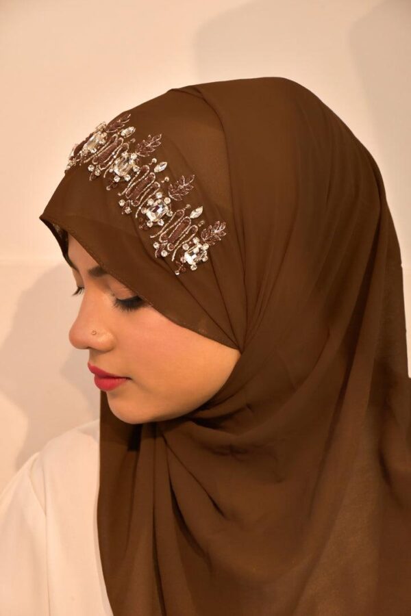 Brown Handwork Partywear Diamond Premium Hijab Luxury Scarf - Image 2