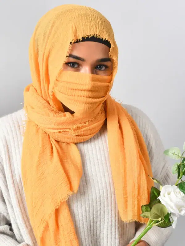 Yellow Mustard Crinkle Cotton Daily Wear Hijab With Mask