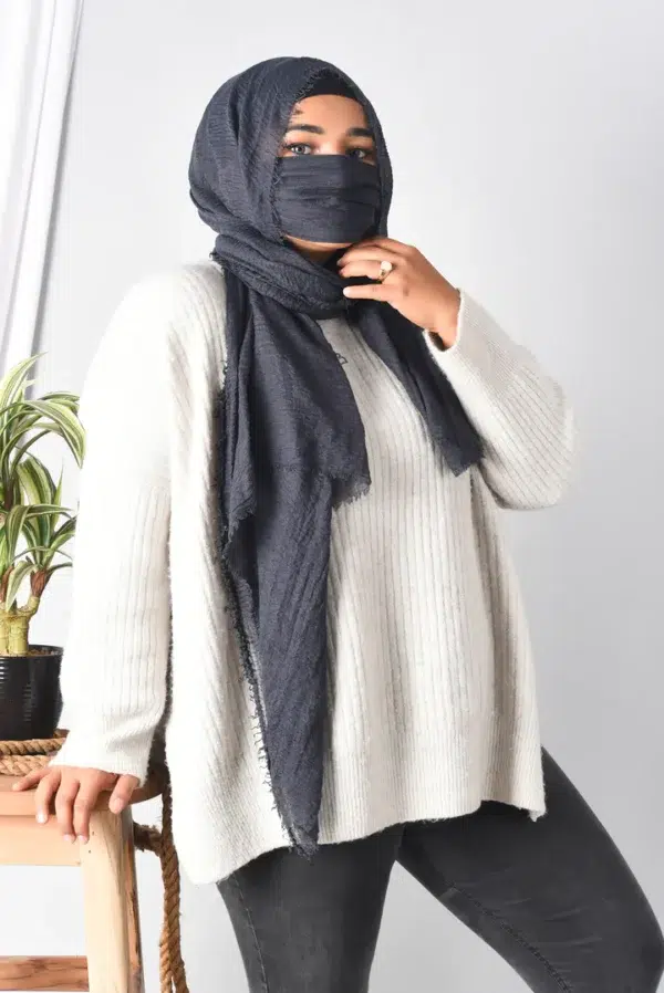 Blue Crinkle Cotton Daily Wear Hijab With Mask