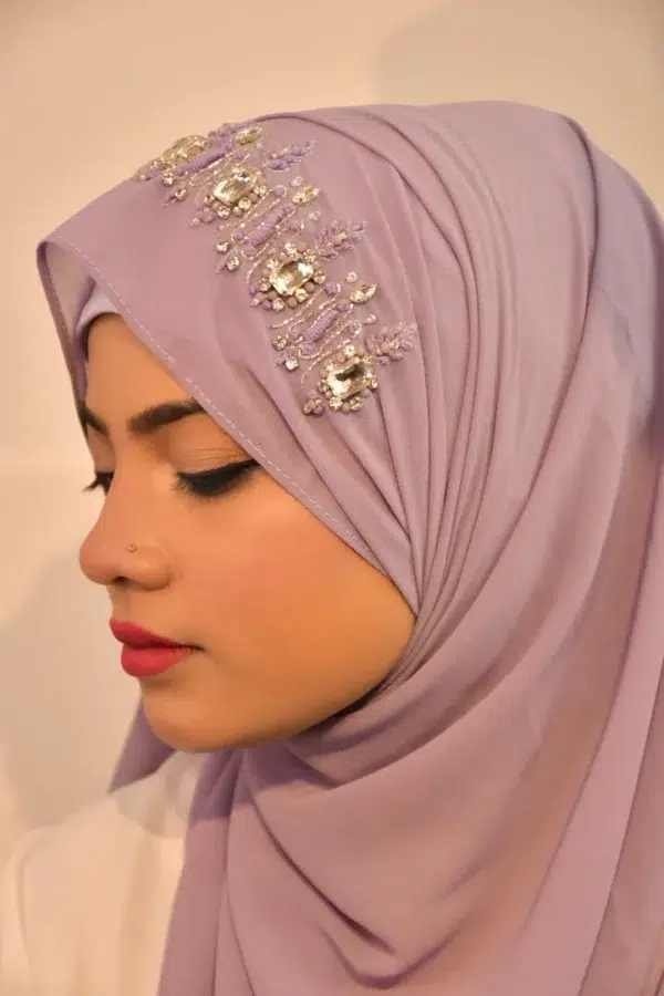 Light Lavender Handwork Partywear Diamond Premium Hijab Luxury Scarf - Image 2