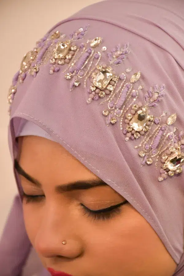 Light Lavender Handwork Partywear Diamond Premium Hijab Luxury Scarf - Image 3