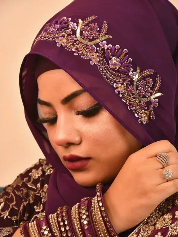 Purple Zardozi Golden Bridal Intricate Hijab Premium Luxury Hijab