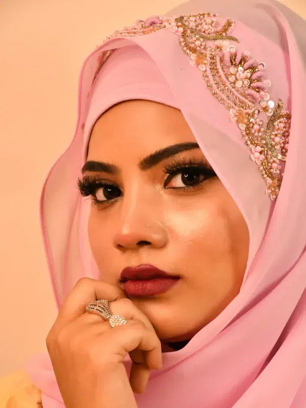 Baby Pink Zardozi Golden Bridal Intricate Hijab Premium Luxury Hijab - Image 2