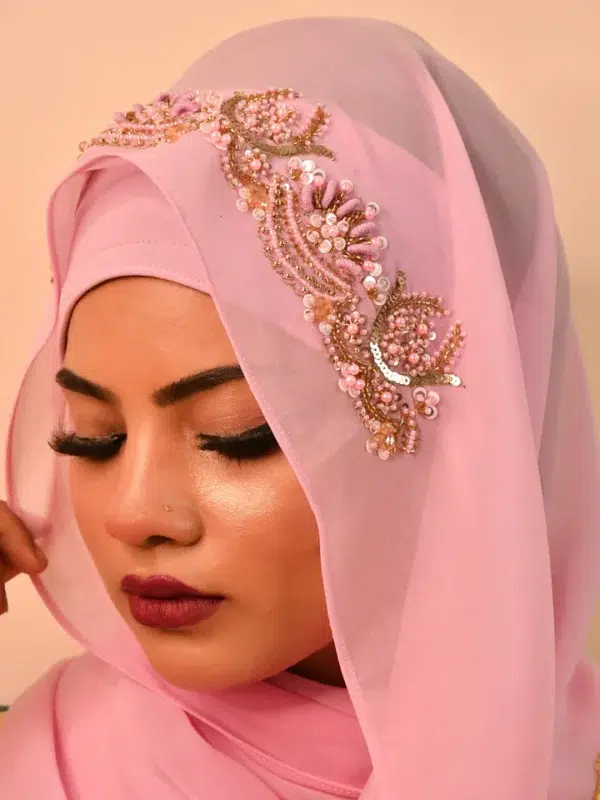 Baby Pink Zardozi Golden Bridal Intricate Hijab Premium Luxury Hijab