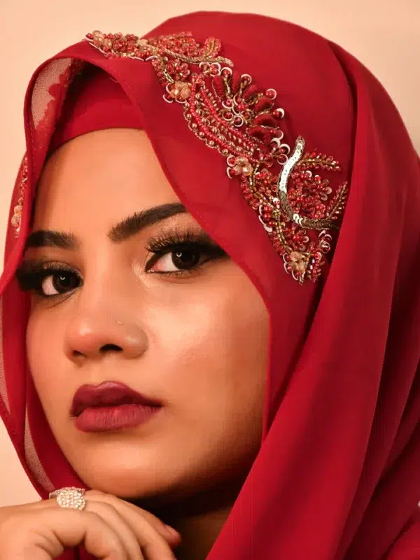 Red Zardozi Golden Bridal Intricate Hijab Premium Luxury Hijab - Image 2