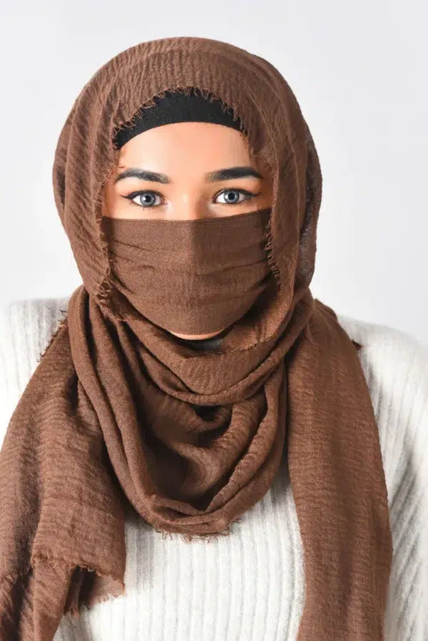 Brown Crinkle Cotton Daily Wear Hijab With Mask