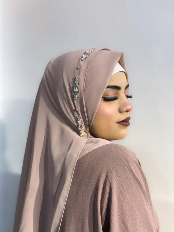 BEIGE Diamond Studded Premium Full Coverage Chiffon Hijab Scarf - Image 2