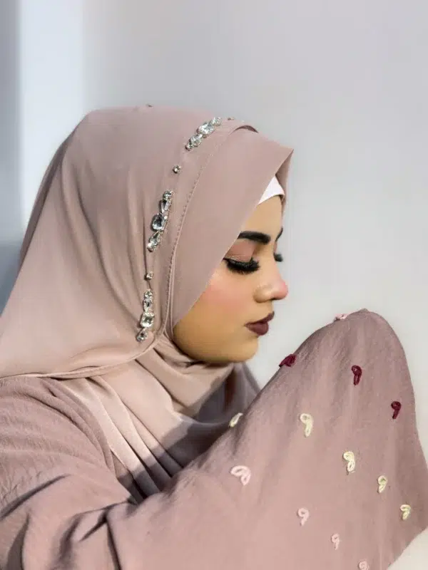 BEIGE Diamond Studded Premium Full Coverage Chiffon Hijab Scarf - Image 3