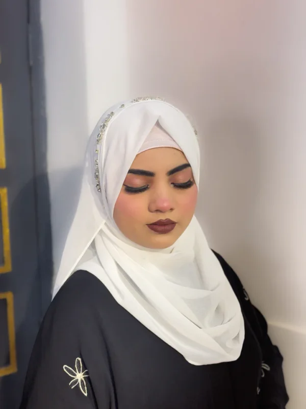 WHITE  Diamond Studded Premium Full Coverage Chiffon Hijab Scarf