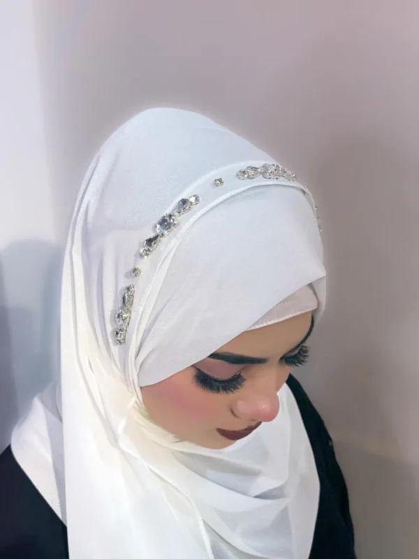 WHITE  Diamond Studded Premium Full Coverage Chiffon Hijab Scarf - Image 2
