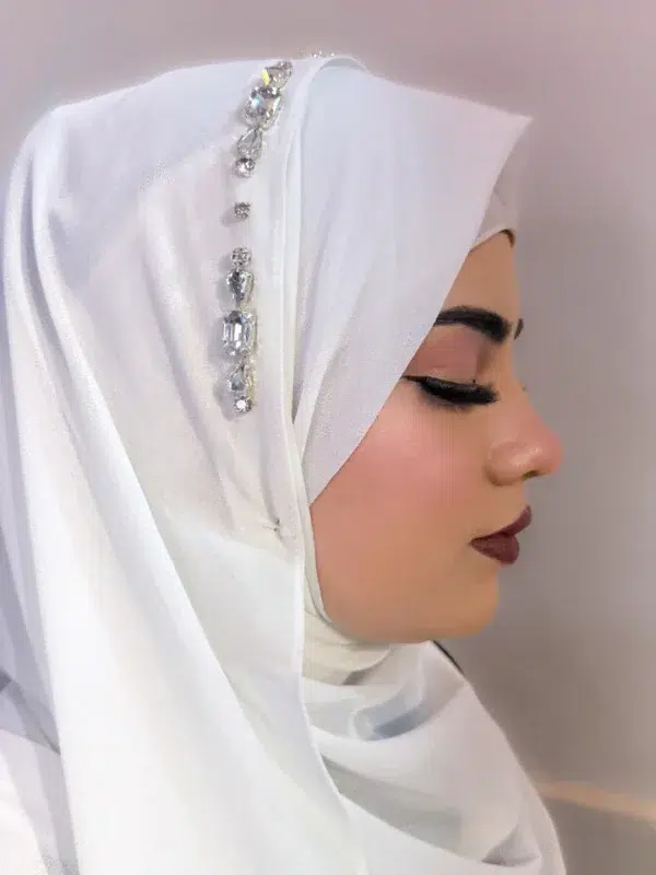 WHITE  Diamond Studded Premium Full Coverage Chiffon Hijab Scarf - Image 3