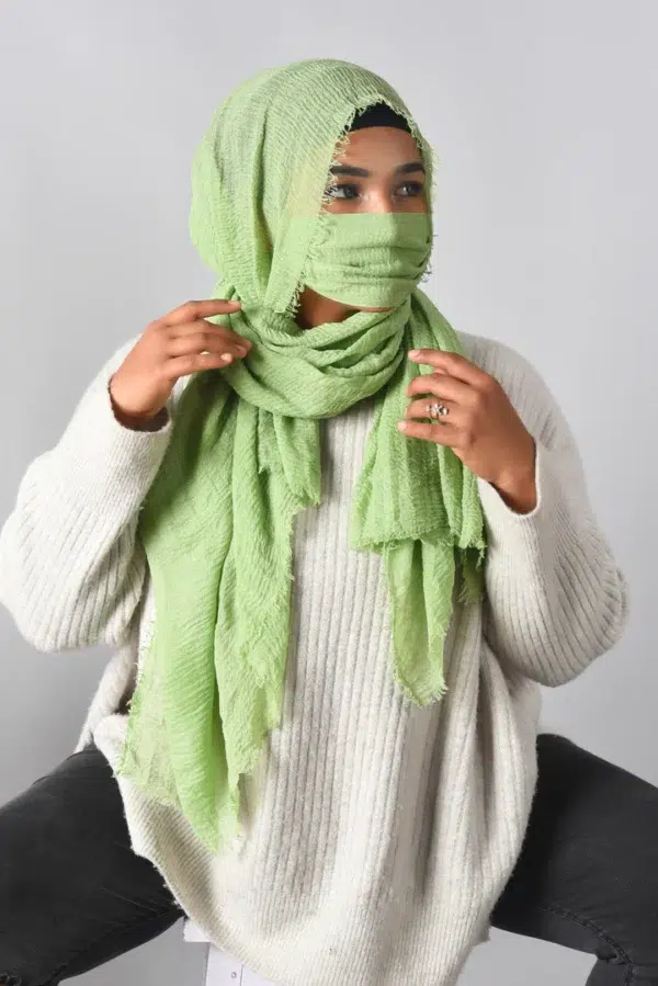 Pista green Crinkle Cotton Daily Wear Hijab With Mask