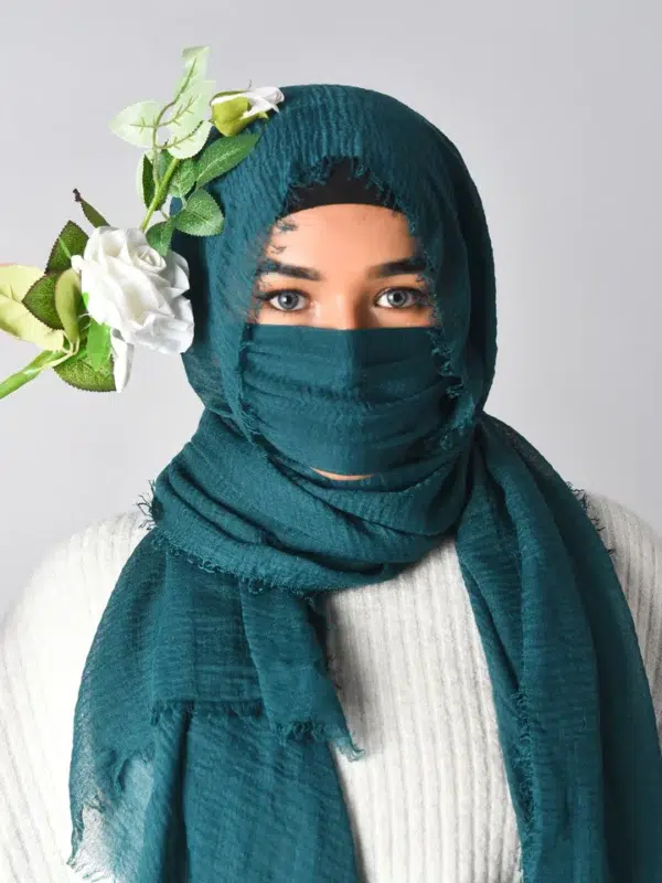 Teal Crinkle Cotton Daily Wear Hijab With Mask