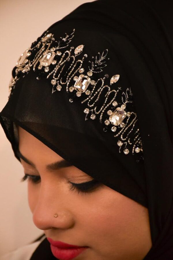 Black Handwork Partywear Diamond Premium Hijab Luxury Scarf - Image 2